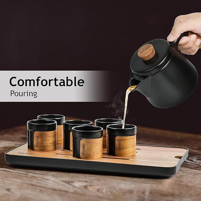 MIAMIO - Japanese/Chinese Tea Set 6 x 3.4 oz/Asian Tea Pot 21 oz with Tea Infuser, Traditional Japanese Tea Cups Set for Tea Lovers/Men/Women (Black) - Bloomnest