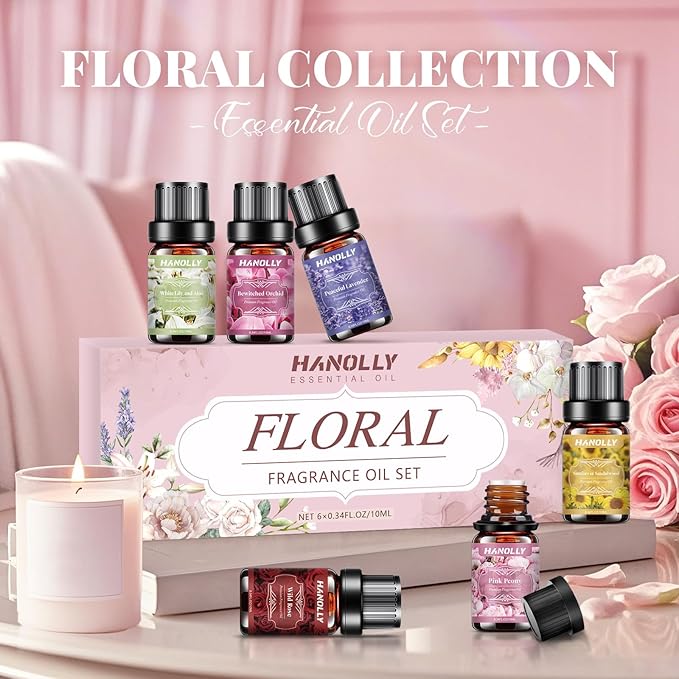Floral Essential Oils Set - 6 Premium Fragrance Oil for Diffusers, Candle Making, Humidifier - Pink Peony, Wild Rose, Lavender, Sunflower Sandalwood, Bewitched Orchid, White Lily Aromatherapy Oi - Bloomnest