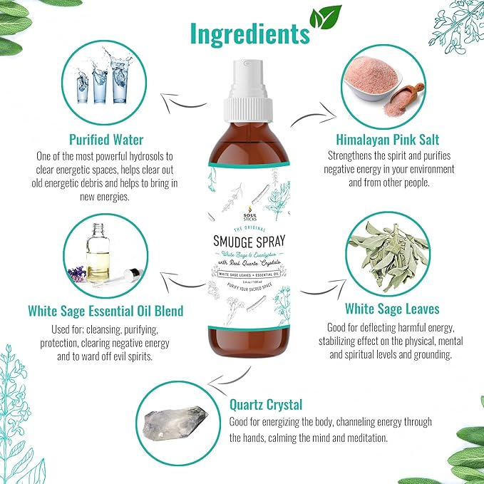 SOUL STICKS White Sage & Eucalyptus Smudge Spray – 3.5oz Smokeless Energy Mist with Quartz Crystals – Essential Oil Spray for Focus, Clarity, Aura Cleansing, Meditation, and Home Refreshing SoulSticks