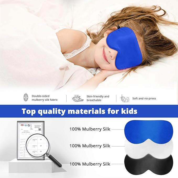 Kids Sleep Mask Eye Cover, 100% Real Natural Pure Silk Eye Mask with Adjustable Strap, Blindfold Kids Eye Mask for Sleeping, Eye Shade for Boys Girls and Adult, Pressure-Free Comfort (Royal Blue) - Bloomnest