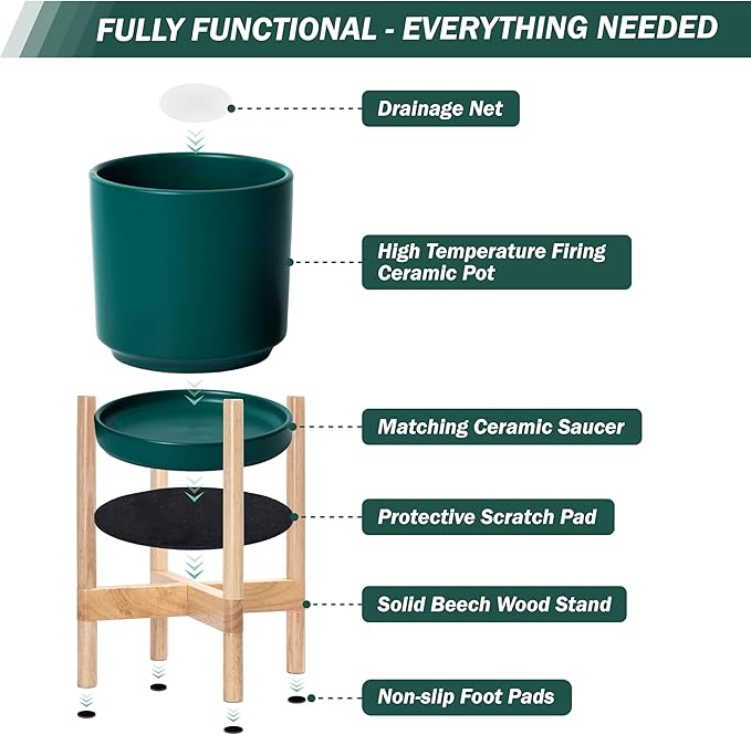 D'vine Dev Ceramic Planter with Natural Stand - 10 Inch Modern Round Flower Pot with Wood Planter Holder, Teal, 55-B-K-4 - Bloomnest