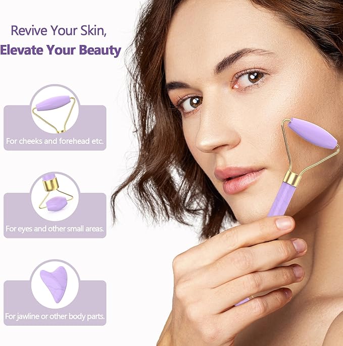 Yofuly Oil Warmer for Massage with Face Roller Set, Professional Oil Warmer Heater for Massage Therapy with Two Bottles, Purple Body Lotion Heated Dispenser and Gua Sha Tools, Gift for Women - Bloomnest