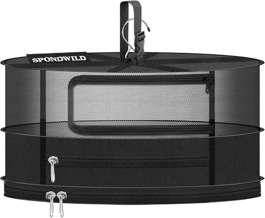 Herb Drying Hanging Mesh Rack - 1ft Diameter (D12xH13 inch) 1+1 Layer, Foldable Plant Drying Net with U-Shaped Zipper & Storage Pouch - for Herbs, Plants, Flowers, Fruits, Food & Clothes - Bloomnest
