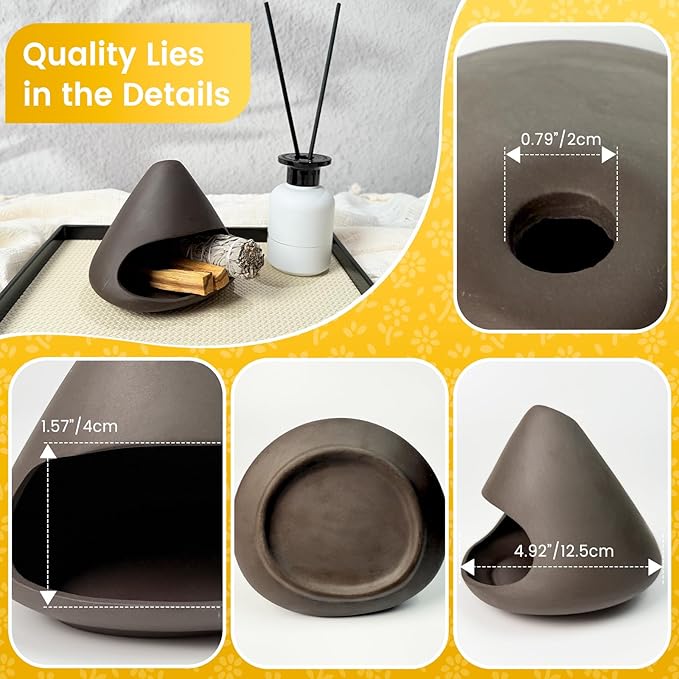 Handcrafted Clay Smudge Pot-Mini Chimenea Incense Holder Burner for Sage, Copal & Palo Santo-Palo Santo Holder Burner-Perfect Anxiety Relief Gift for Women, Zongzi Style, Black - Bloomnest