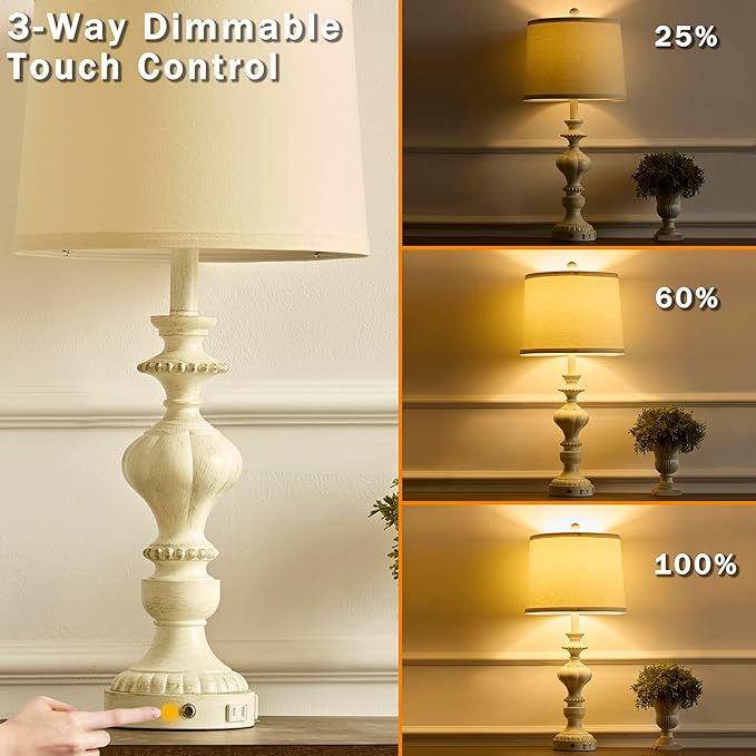 27.5" Farmhouse Table Lamps Set of 2 Bedside Nightstand Lamp with USB C+A Ports & AC Outlet, 3 Way Dimmable Touch Lamps for Bedroom Living Room Office Rustic Lamp (White Gold) - Bloomnest