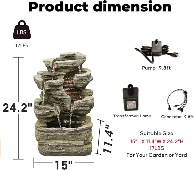 24.2" H Rock Cascading Water Fountain Outdoor&Indoor, 6-Tier Garden Naturefalls Fountains, Floor-Standing Waterfall with Lights for Patio, Backyard, Deck, Porch, Home DéCor, Stone Gray - Bloomnest