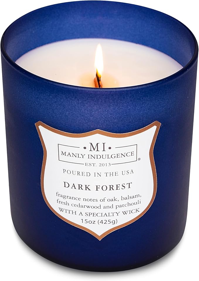Manly Indulgence Dark Forest Scented Jar Candle for Men, Wood Wicked Candle, 15 oz - Oak, Balsam, Fresh Cedarwood & Patchouli - Up to 60 Hours Burn, Soy Blend Wax, USA Poured, Navy Blue - Bloomnest