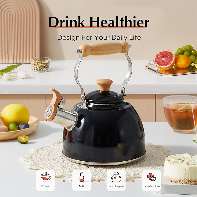 ROCKURWOK Tea Kettle, Tea Pot with Cool Touch Ergonomic Handle, Teapot Food Grade Stainless Steel, Tea Kettle Stovetop, Kettle Teapot, Whistling Tea Kettle, Small Tea Pot, 1.6 Quart (Black) - Bloomnest