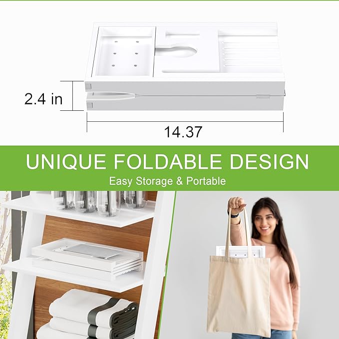 Bathtub Caddy Tray for Tub,Foldable Bath Table Trays,Bamboo Shelf with Book and Wine Glass Holder,Bathroom Accessories Suitable for Luxury Spa or Reading,White - Bloomnest