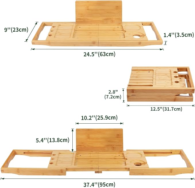 Utoplike Bamboo Bathtub Caddy Tray Bath Tray for Tub, Adjustable Bathroom Bathtub Organizer with Book Tablet Wine Glass Cup Towel Holder (24.5"-37.4") - Bloomnest