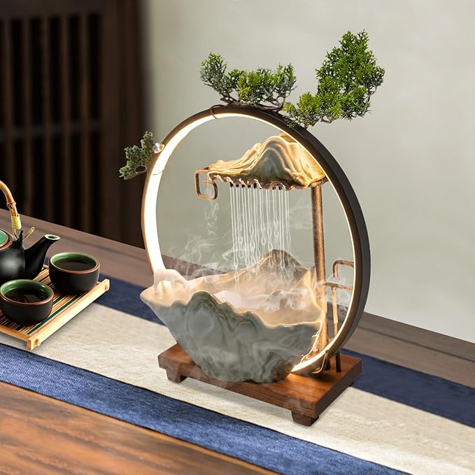 Gdrasuya10 Tabletop Water Fountains Indoor Waterfall with LED Indoor Water Fountains for Meditation with Fake Plants for Good Luck, Wealth - Bloomnest
