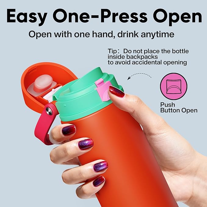 Insulated Water Bottle with Straw - Encool Stainless Steel Water Bottle with Push Button Lid, Leak-Proof & BPA-Free, Keeps Cold for 24 Hours for Sports, Travel, Gym (24 oz, Grapefruit Red) ENCOOL
