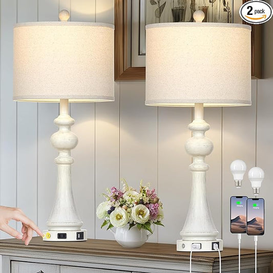 28" Farmhouse Lamps Set of 2 with USB A+C Fast Ports & AC Outlets, Vintage Rustic 3-Way Dimmable Touch Control Table Lamps, Rustic Traditional Bedside Nightstand Lamp for Living Room Bedroom White - Bloomnest