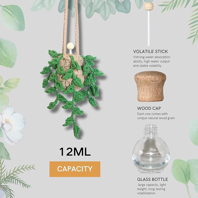 Handmade Crochet Hanging Car Air Freshener,12ml Empty Refillable Oil Diffuser Bottle with Crochet Hanging succulents Plant for Car Rearview Mirror for Home, and Office Hanging Diffuser Decor - Bloomnest