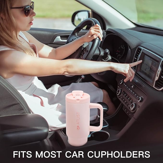 100% Leakproof 40 oz Tumbler with Handle & 4-in-1 SipSwig Lid, Built-In Flip Straw & External Stainless Steel Straw, Insulated Stainless Steel Cup, BPA-Free, Pink - Bloomnest