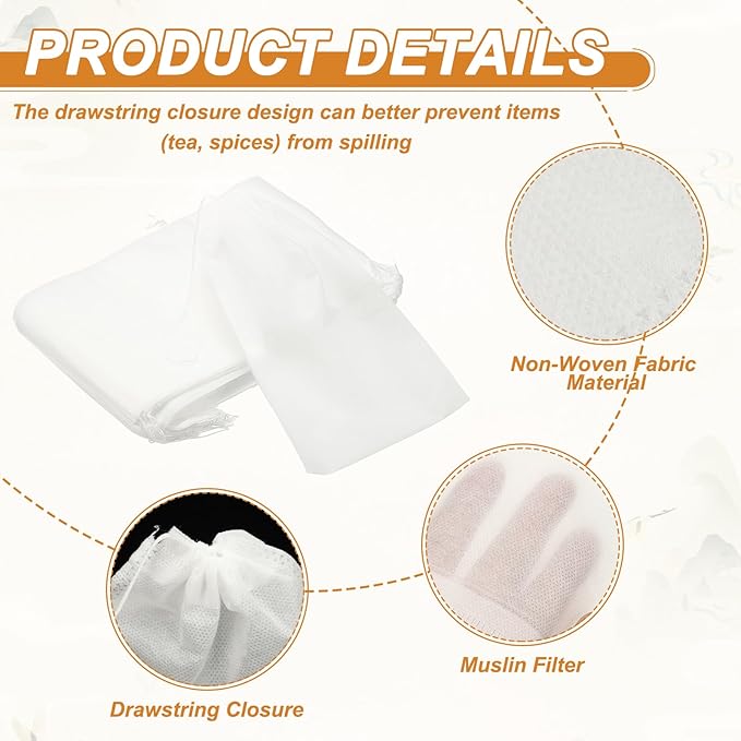 uxcell 100 Pcs Spice Bags for Cooking, 8x12 in Disposable Empty Tea Bags Muslin Non-Woven for Loose Leaf Tea Sachet Straining Soups Herbs, White - Bloomnest