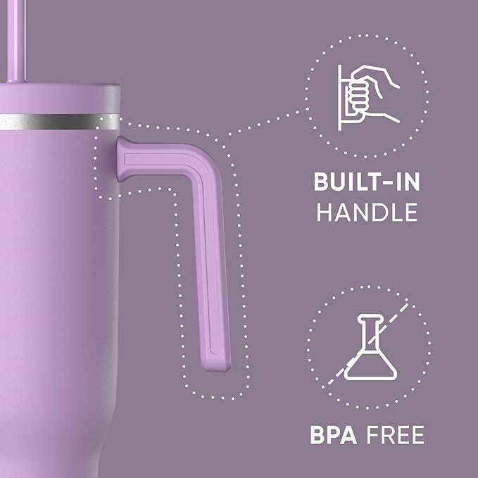 Hydrapeak Voyager 40 Oz Stainless Steel Tumbler with Handle, Insulated Water Bottle With Straw & Lid, Cupholder Friendly Reusable Travel Mug (Mauve) - Bloomnest