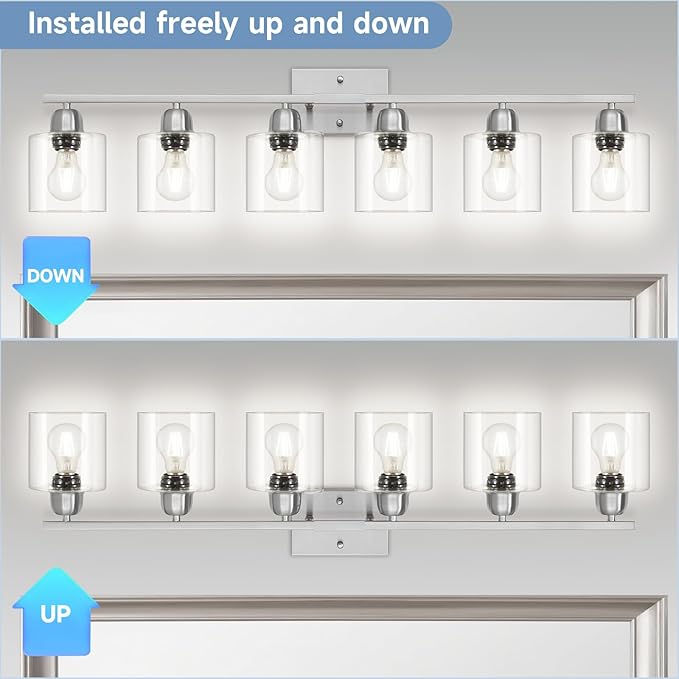 Modern Brushed Nickel 6 Light 38 inch Vanity Lights for Bathroom with Clear Glass, Vanity Light for Mirror Kitchen Living Room Hallway Cabinet Porch - Bloomnest