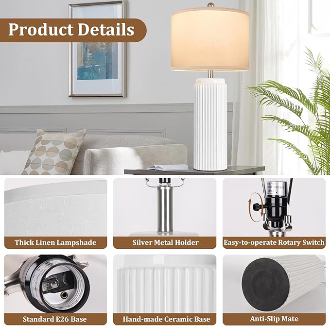 TOBUSA 28’’ Modern White Ceramic Lamps Set of 2 for Living Room, Vintage Nightstand Lamps for Bedroom, Farmhouse Bedside Lamps with Linen Shade, Elegant Decor Lamp Sets for Home Office - Bloomnest
