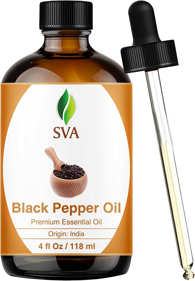 SVA Black Pepper Essential Oil – 4 Fl Oz – 100% Natural Black Pepper Oil - for Diffuser, Hair Care, Face, Skin Care, Aromatherapy, Scalp and Body Massage, Soap and Candle Making – with Dropper - Bloomnest