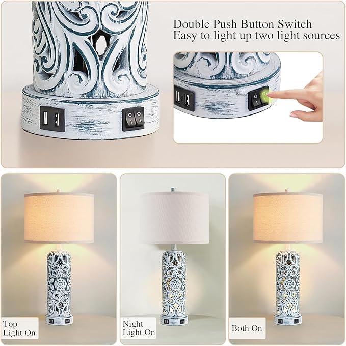 25'' Vintage Coastal Table Lamp Bedside Lamps Set of 2, Farmhouse Table Lamps with Dual USB Ports for Bedroom, Wash Blue Hollow Out Resin Lamp with Nightlight for End Table, 2 Bulbs Included - Bloomnest