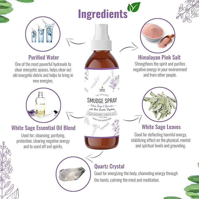 SOUL STICKS White Sage & Lavender Smudge Spray – 3.5oz Smokeless Mist with Quartz Crystals – Calming Essential Oil Spray for Sleep, Stress Relief, Meditation, and Energy Cleansing SoulSticks
