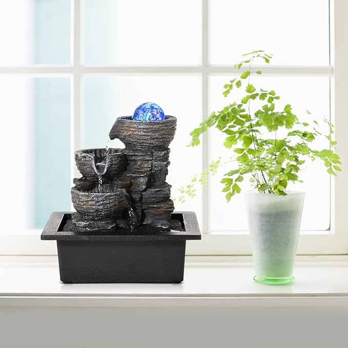 Dyna-Living Water Fountains Indoor Tabletop Fountain with Pump Waterfall Fountain Indoor Coloured LED Lights Desk Water Fountains for Home Office Decor Style 1