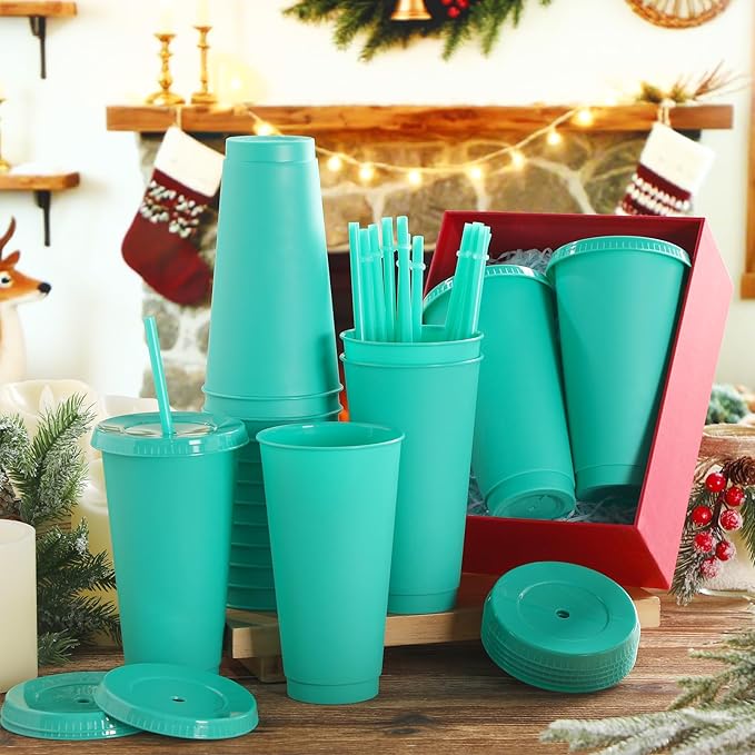 Honeydak 60 Pack Tumbler with Straw and Lid Bulk Water Bottle Iced Coffee Travel Mug Cup Reusable Plastic Cups for Party Birthdays 24-27 oz (Green Color) - Bloomnest