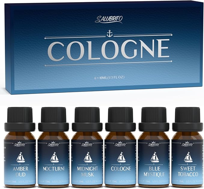 SALUBRITO Cologne Fragrance Oils, Premium Essential Oil Set for Diffuser, Soap, Candle Making Scents, Amber Oud, Midnight Musk, Blue Mystique, Sweet Tobacco, Nocturne, Cologne - Bloomnest