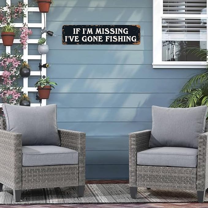 Funny Gone Fishing Sign - Vintage Metal Tin Wall Art Decor for Home - If I'm Missing I've Gone Fishing - Fisherman Picture Gifts 4x16 Inch - Bloomnest
