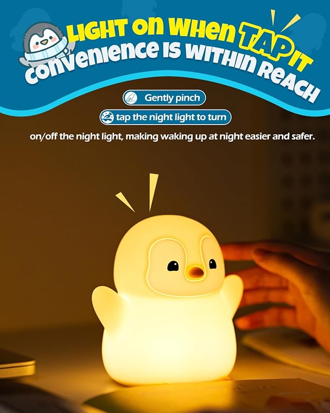 Cute Happy Penguin Night Light, Animal Lamp, Food Grade Silicone, Rechargeable, 2 Level Dimmable, Squishy Nursery Nightlight for Desk Decor, Funny Gifts Stuff for Boys Girls Baby, White Elephant Gifts - Bloomnest