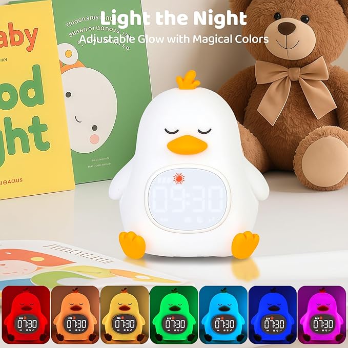 Sleepy Duck Alarm Clock with Night Light for Kids with Sleep Training and Sound Machine, Rechargeable Silicone Lamp OK to Wake Clock，Cute Animal Tabletop Lamp, Perfect Sleep Companion for Boys Girls - Bloomnest