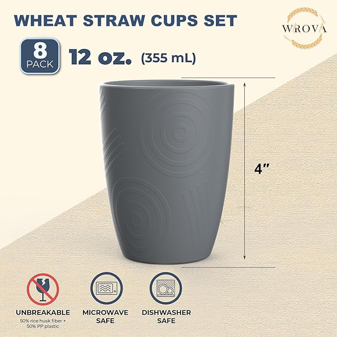 Wheat Straw Cups 8 PCS Good Alternative to Plastic Reusable Cups 12 oz Unbreakable Drinking Cup Reusable Dishwasher Safe Water Plastic Glasses Grey - Bloomnest