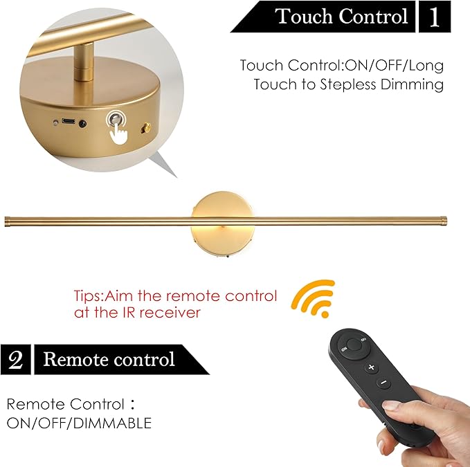 Battery Operated Wall Sconces with Remote Control, Dimmable Wall Sconces Set of Two, 350°Rotate, 3000K LED Gold Wireless Wall Light for Living Room, Bedroom, Hallway, 40.1 Inch (2 Pack) - Bloomnest