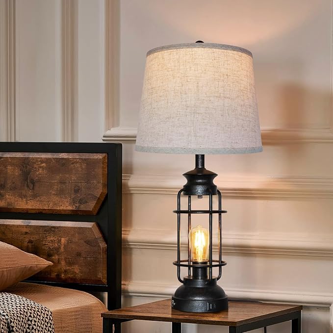 Table Lamps Set of 2 with USB Port 3 Way Dimmable Touch Lamps 28.5" Tall Rustic Industrial Living Room Lamps for Bedroom Bedside Office 4 Bulbs Included - Bloomnest