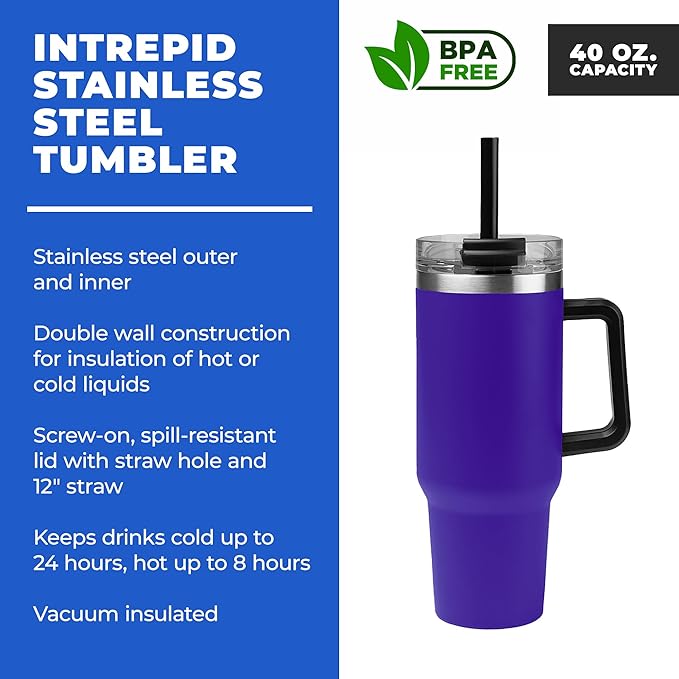 10 Ct of 40 Oz Intrepid Stainless Steel Tumbler with Lid, Straw & Handle – Purple – Customizable Insulated Cups for Water, Coffee, Hot & Iced Drinks – Great for DIY, Events, Work - Bloomnest
