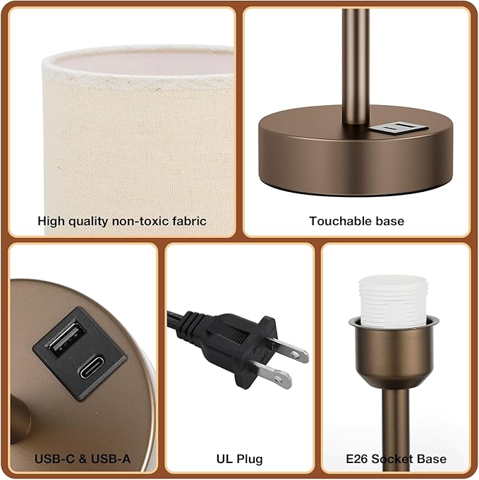 Dicoool Beige Touch Table Lamp for Bedroom - 3 Way Dimmable Bedside Lamp with USB, Nightstand Lamp with Brown Charging Station for Desk, Dorm, Office - Bloomnest