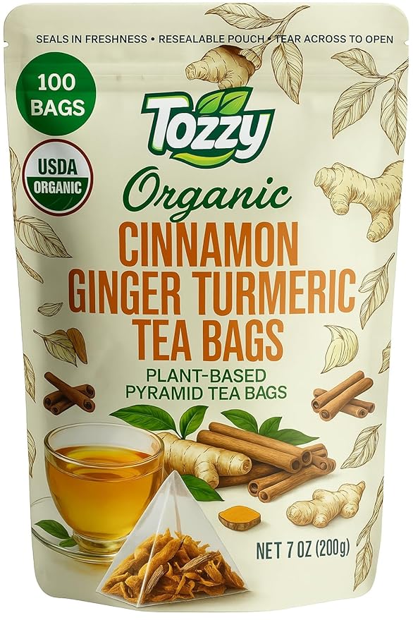 Tozzy Organic Turmeric, Ginger & Cinnamon Tea – 100 Count, Plant-Based Pyramid Tea Bags - Bloomnest