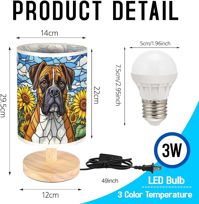 Boxer Table Lamp LED 3-Color Pressed Bedside, Dog Shade Lamp with Wood Base for Bedroom Living Room Desk Office - Bloomnest