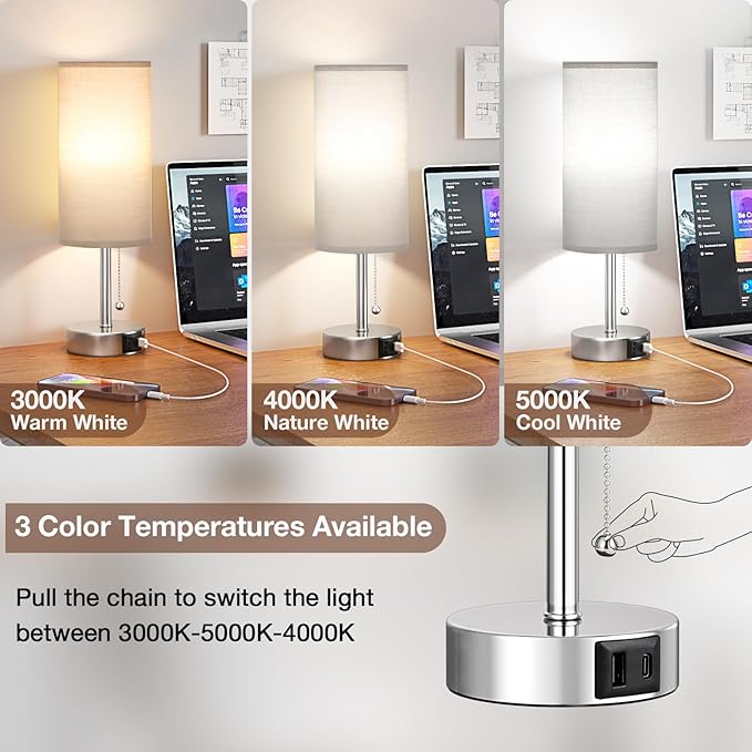 Silver Bedside Lamps for Bedroom Set of 2 - Nightstand Table Lamp with USB A + C Charging Port, 3 Color Temperatures Pull Chain Night Stand Light, Side Table Desk Reading Lamp for Living Room/Dorm - Bloomnest
