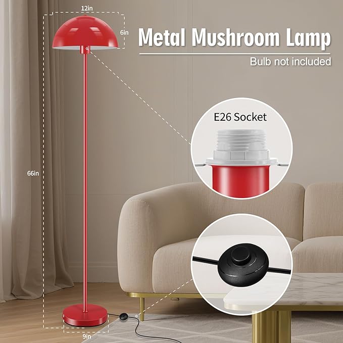 Industrial Floor Lamp, Red Floor Lamp for Living Room, 66Inch Tall Modern Standing Lamp, Stand Up Lamp with Metal Dome Shade, Mid Century Corner Reading Lamp for Bedroom Office Nursery Room, NO BULB - Bloomnest
