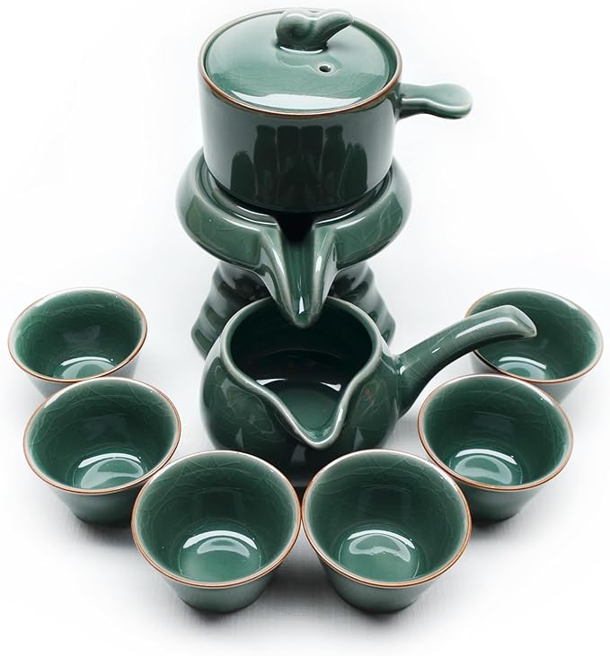 Chinese Gongfu Tea Gift Set Service Automatic Handmade Stone-Mill Design Porcelain Tea Pot 6 Cups Japanese Kung Fu Tea for Adults Men Women Tea Ceremony Party Home Office Decor - Bloomnest