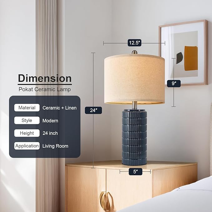 PoKat 24" Modern Ceramic Table Lamps Set of 2 for Bedroom, Blue Bedside Lamps for Night Stands, Farmhouse Desk Decor Nightstand Table Lamps for Living Room End Table Dark Blue - Bloomnest