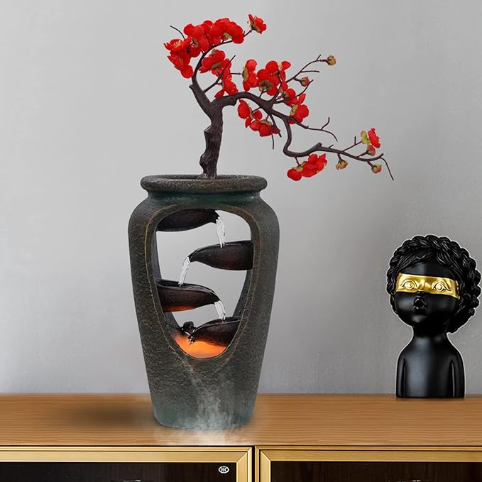 20" Flower Vase Style Bonsai Waterfall Fountain Tabletop Decorative Waterfall with LED Lights and Atomizer, Desktop Water Fountains for Living Room, Cafe Or Office - Bloomnest