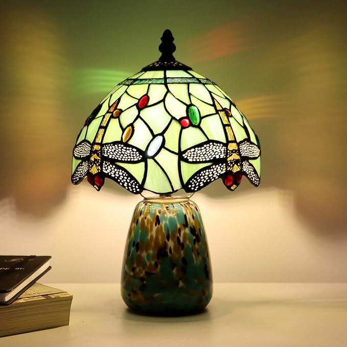 Tiffany Mushroom Table Lamp Dragonfly Style Grass Green Stained Glass Accent Lamp Brown Blue Glass Base 8X8X12 Inch - Bloomnest