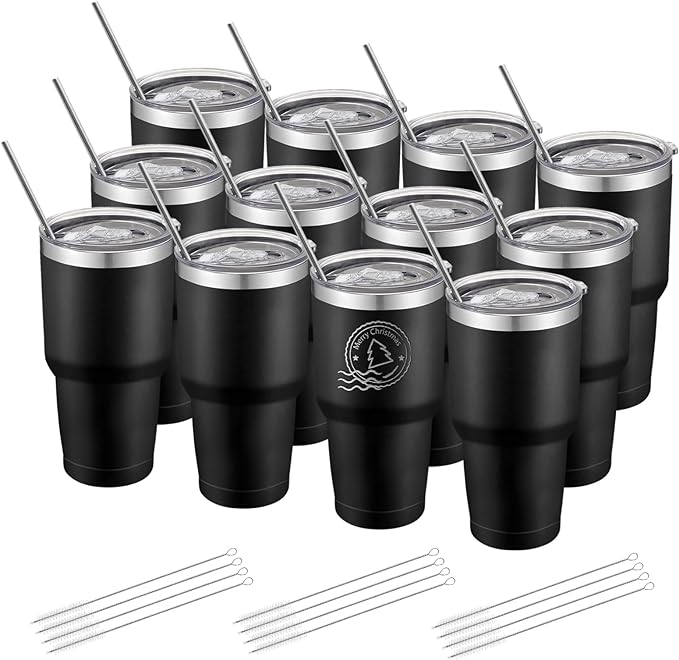 YOUKE OLA 12 Pack Insulated Tumbler Powder Coated Stainless Steel Double Wall Vacuum Travel Coffee Tumbler Cup with Lid and Straw for Laser Engrave DIY Gift 30oz Black
