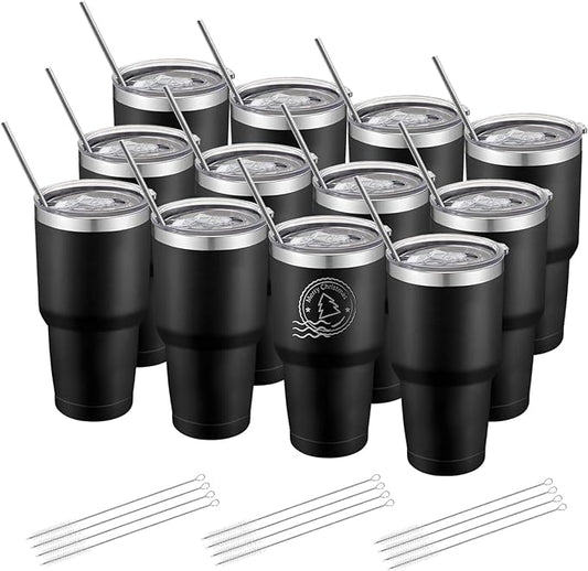 YOUKE OLA 12 Pack Insulated Tumbler Powder Coated Stainless Steel Double Wall Vacuum Travel Coffee Tumbler Cup with Lid and Straw for Laser Engrave DIY Gift 30oz Black
