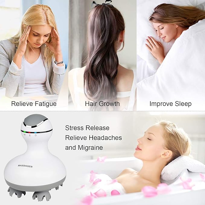 cotsoco Electric Scalp Head & Back Massager, Cordless Hair Massage Waterproof Head Massager with 4 Heads 84 Nodes for Hair Growth, Stress Relief & Deep Clean, Gifts for Men Women, White cotsoco