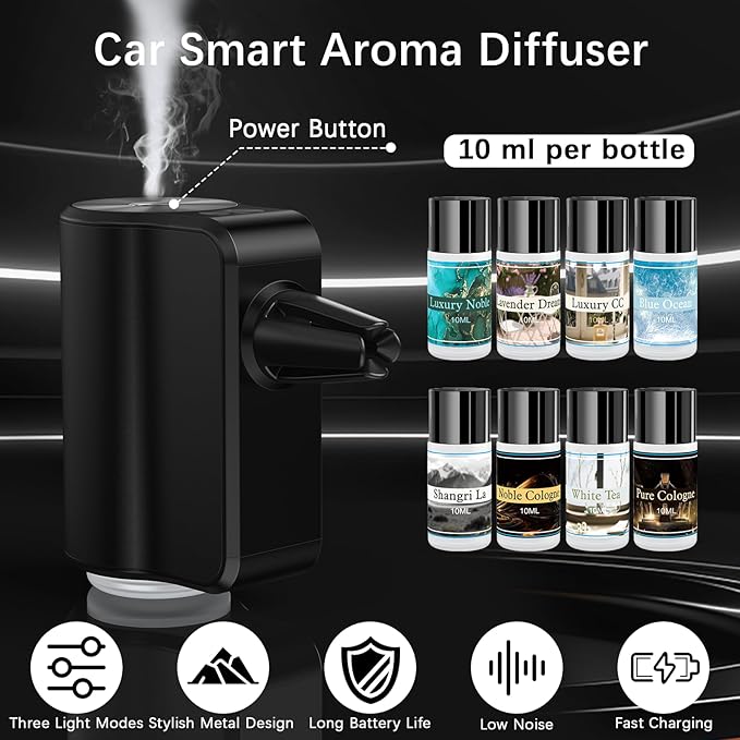 Smart Car Air Freshener, Car Air Freshener Diffuser with 3 Adjustable Light Modes, Rechargeable Aromatizante para Carro with 8pcs Essential Oil, Long-Lasting, Black - Bloomnest