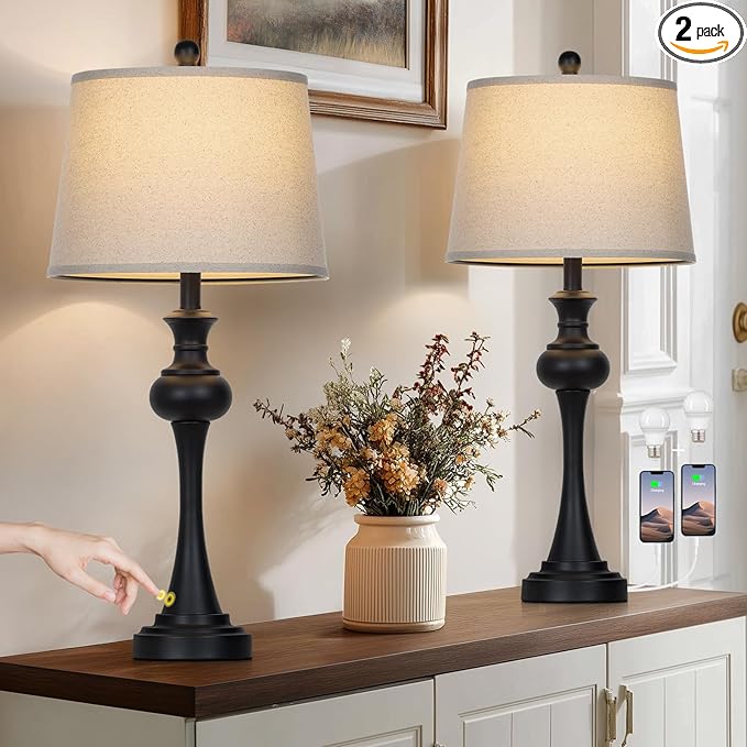 28.75" Black Table Lamps Modern 3-Way Dimmable Bedside Lamp with USB A+C Ports & AC Outlets for Living Room Bedroom Nightstand Lamp,Beige Fabric Shade Mid Century Accent Style - Bloomnest